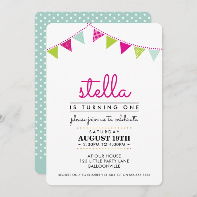 CUTE BUNTING 1ST birthday party INVITE pink mint (Front/Back)