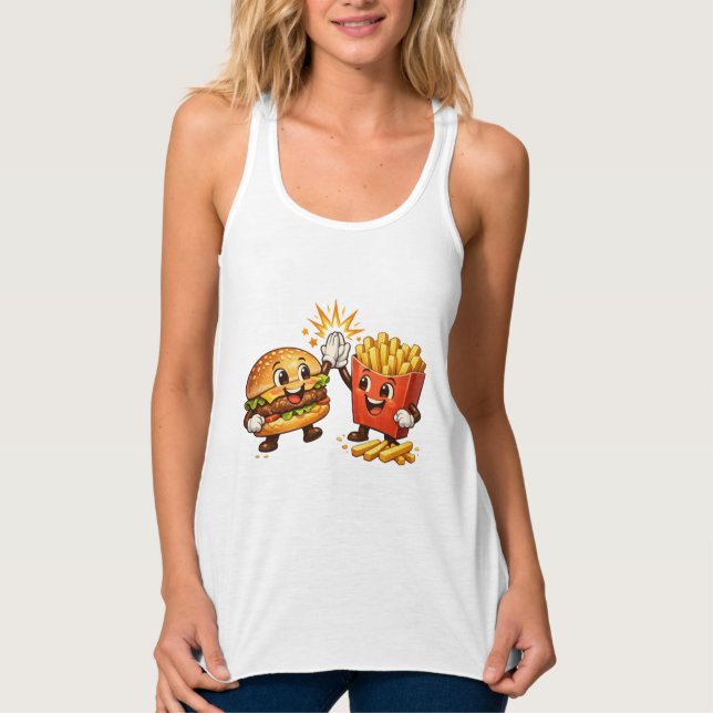 Cute Burger and Fries High Five Kawaii Art Singlet (Front)