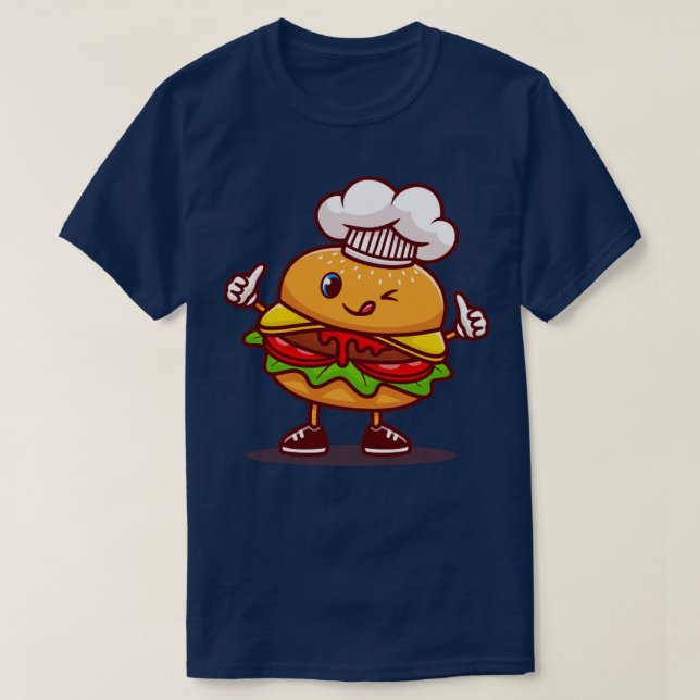 Cute Burger Chef Wearing Cap Cartoon T-Shirt (Design Front)