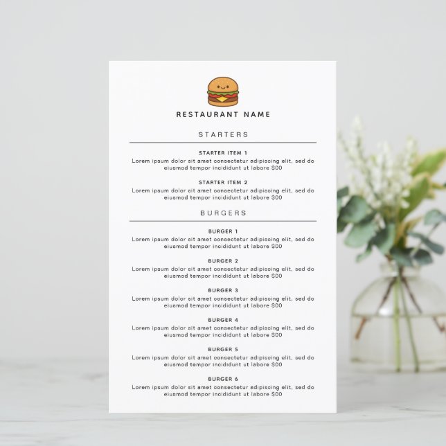 Cute Burger Restaurant Menu (Standing Front)