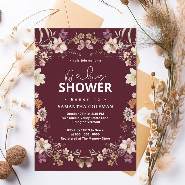Cute Burgundy Boho Wildflower Modern Baby Shower Invitation (Creator Uploaded)