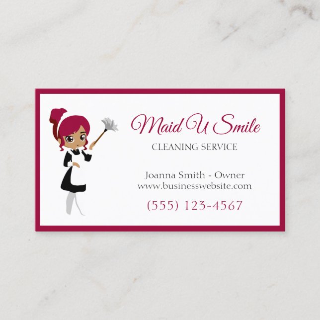 Cute Burgundy Cleaning Maid Housecleaning Service Business Card (Front)