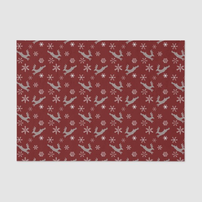 Cute Burgundy Flying Reindeer Snowflakes Christmas Tissue Paper (Front)