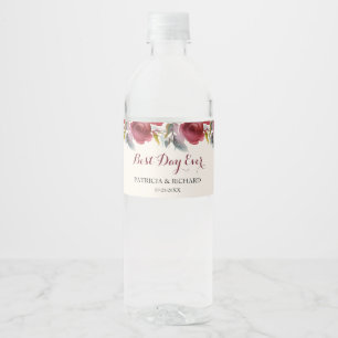 Cute Burgundy Marsala Floral Watercolor Wedding Water Bottle Label