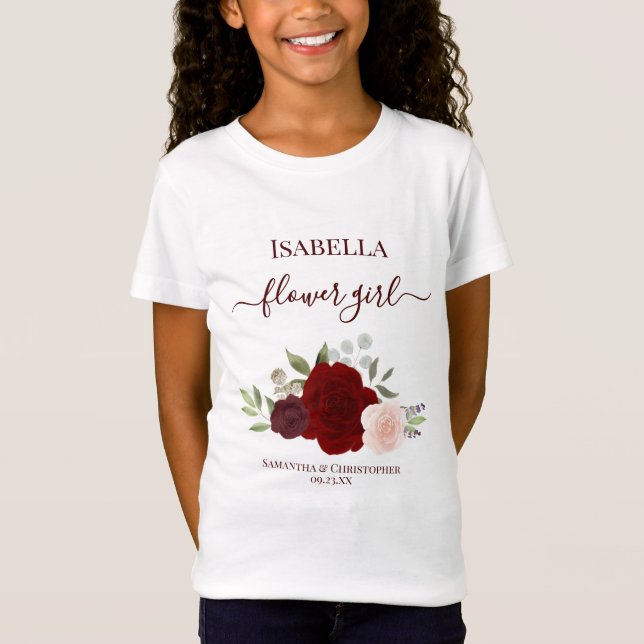 Cute Burgundy & Red Roses Flower Girl Gift Wedding T-Shirt (Front)