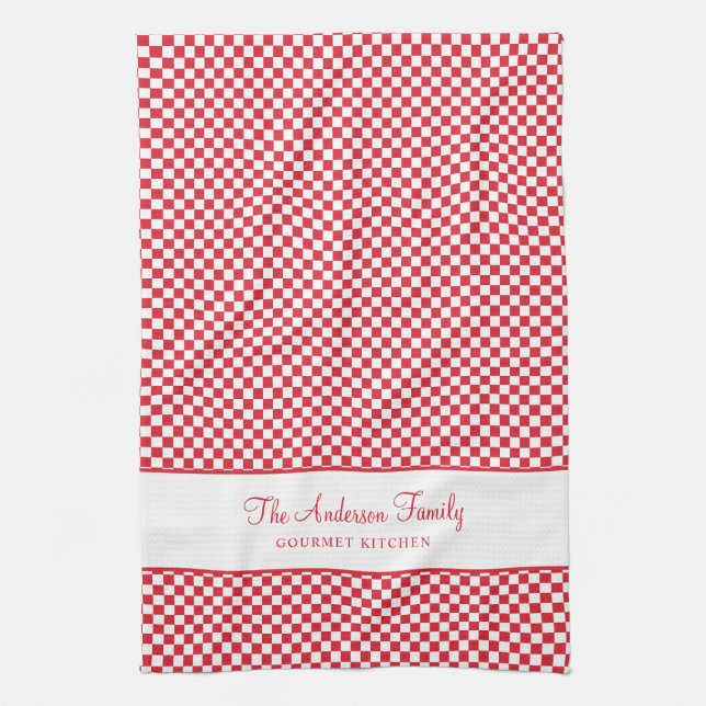 Cute Burgundy Red White French Plaid Check Gourmet Tea Towel (Vertical)