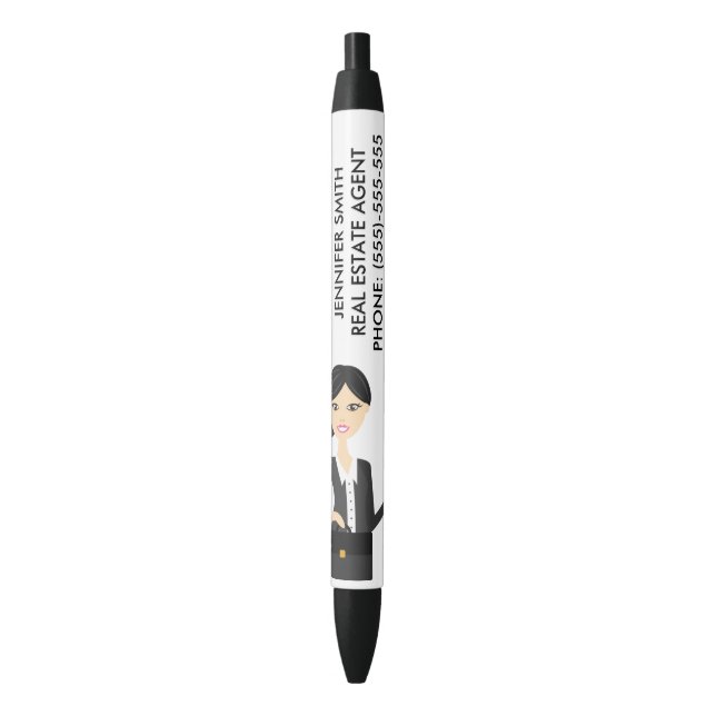 Cute Business Woman Illustration With Custom Info Black Ink Pen (Front Vertical)