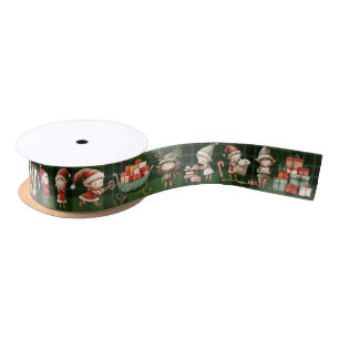 Cute Busy Elves Christmas Green Plaids Satin Ribbon