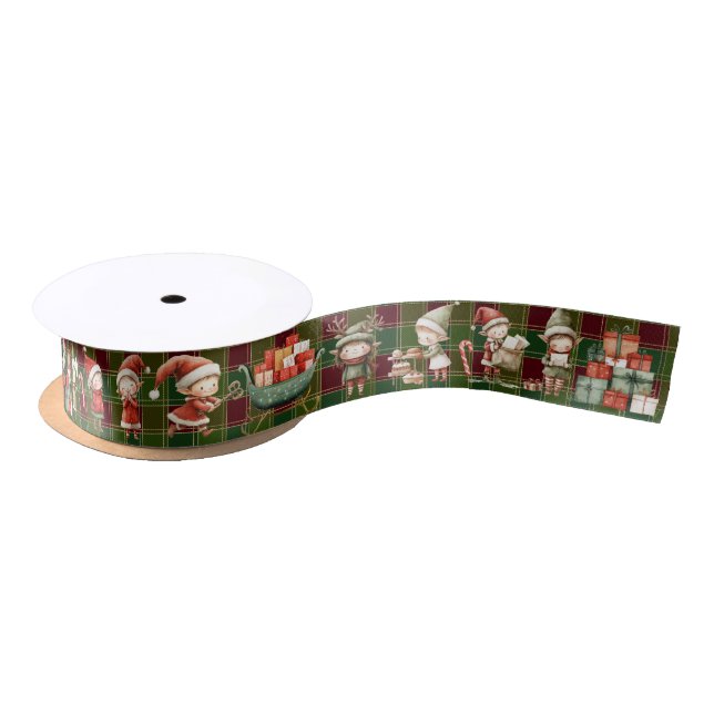 Cute Busy Elves Christmas Green Red Tartan Satin Ribbon (Spool)
