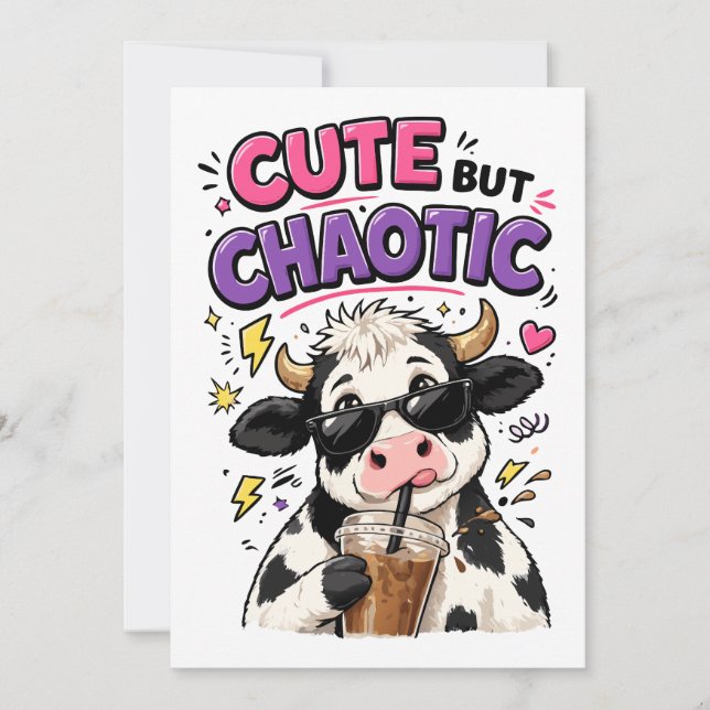 Cute but chaotic cow with iced coffee invitation (Front)