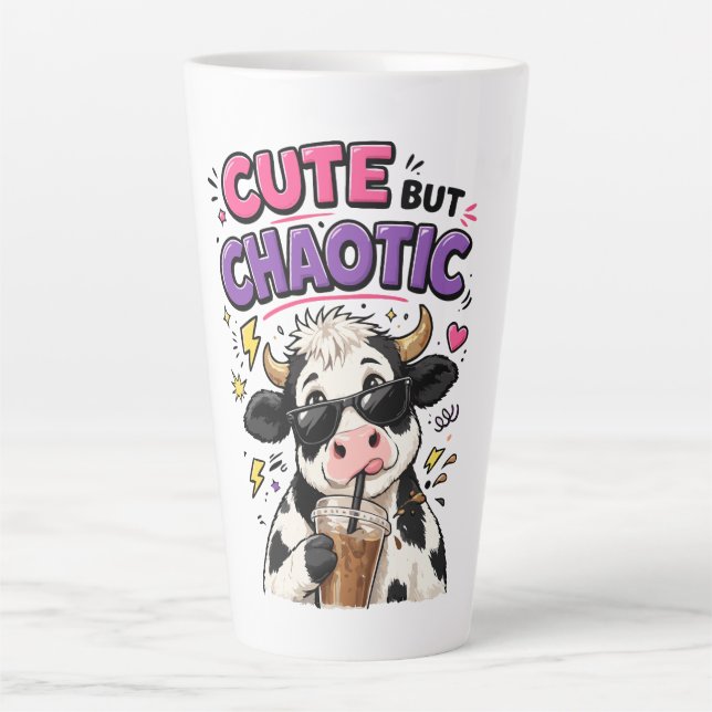 Cute but chaotic cow with iced coffee latte mug (Front)