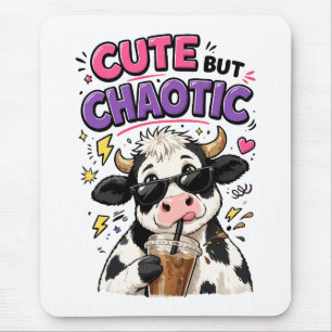 Cute but chaotic cow with iced coffee mouse pad