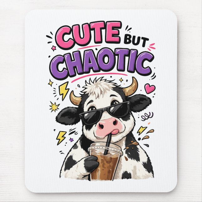 Cute but chaotic cow with iced coffee mouse pad (Front)