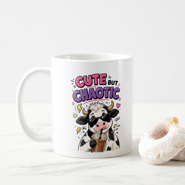 Cute but chaotic cow with iced coffee mug (With Donut)