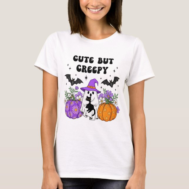Cute But Creepy – Ghost with Black Cat, Pumpkins  T-Shirt (Front)