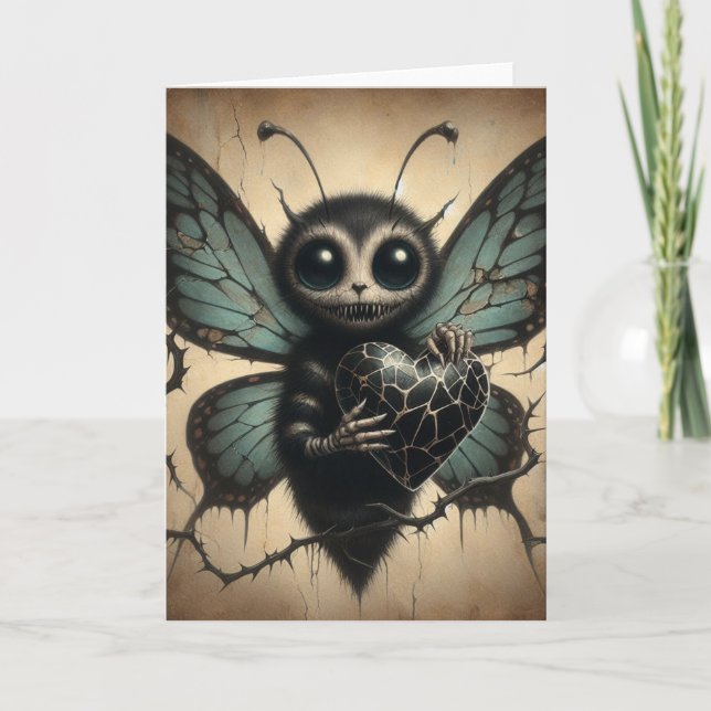 Cute but Creepy Vampire Butterfly with Black Heart Card (Front)