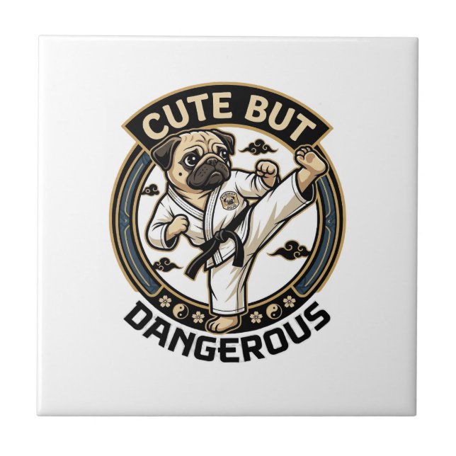 Cute But Dangerous Pug Dog Karate Kick_1 Tile (Front)