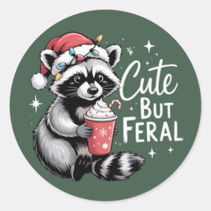 Cute But Feral Christmas Raccoon Funny Animal Classic Round Sticker