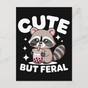 Cute but feral raccoon drinking bubble tea cartoon holiday postcard