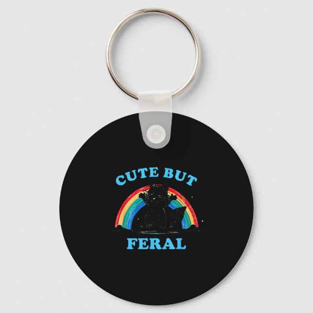 Cute But Feral Raccoon With Rainbow Funny Raccoon  Key Ring (Front)