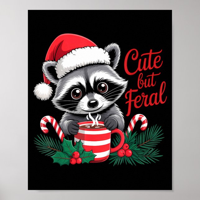 Cute But Feral Raccoon With Santa Hat Xmas Cute Ch Poster (Front)