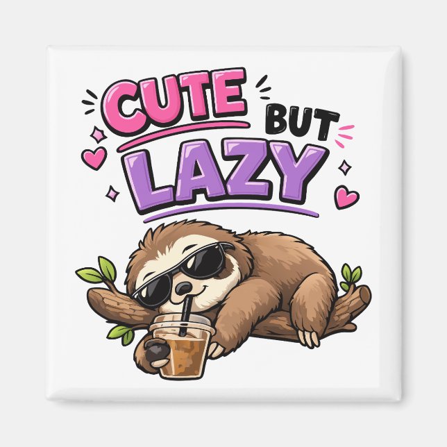 Cute but lazy sloth with iced coffee magnet (Front)