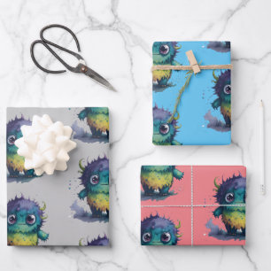 Cute But Scary Cartoon Monster Design Wrapping Paper Sheet
