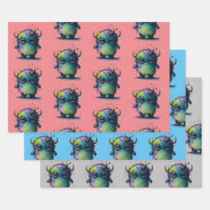 Cute But Scary Cartoon Monster Design Wrapping Paper Sheet