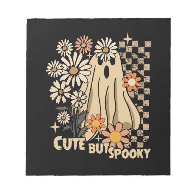 Cute but Spooky Funny Floral Halloween Ghost Check Notepad (Front)