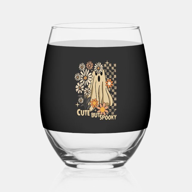 Cute but Spooky Funny Floral Halloween Ghost Check Stemless Wine Glass (Front)