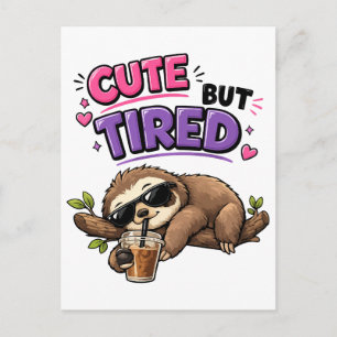 Cute but tired sloth with iced coffee postcard