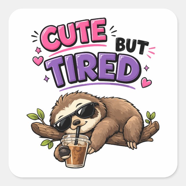 Cute but tired sloth with iced coffee square sticker (Front)