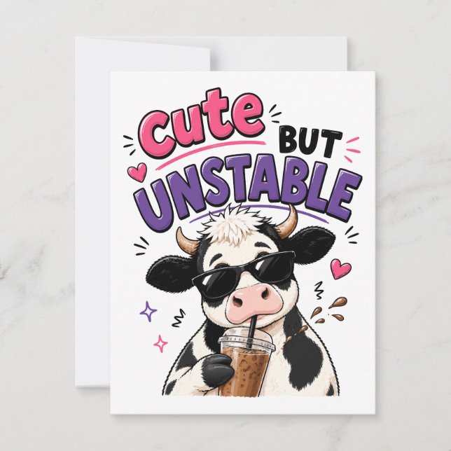 Cute but unstable cow with iced coffee invitation (Front)
