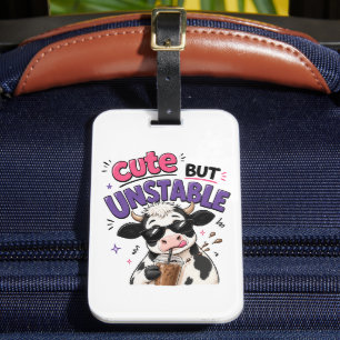 Cute but unstable cow with iced coffee luggage tag
