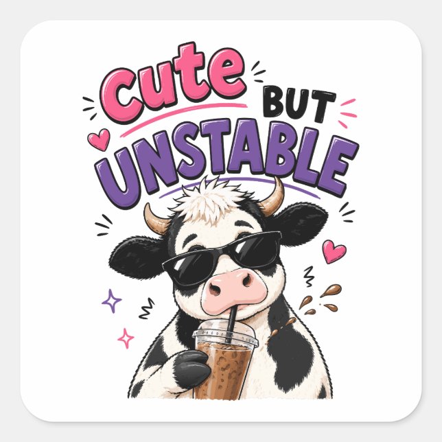 Cute but unstable cow with iced coffee square sticker (Front)
