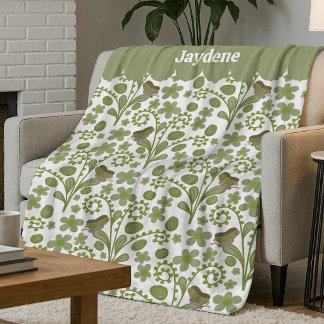 Cute Butterflies And Plants Shades Of Green Fleece Blanket
