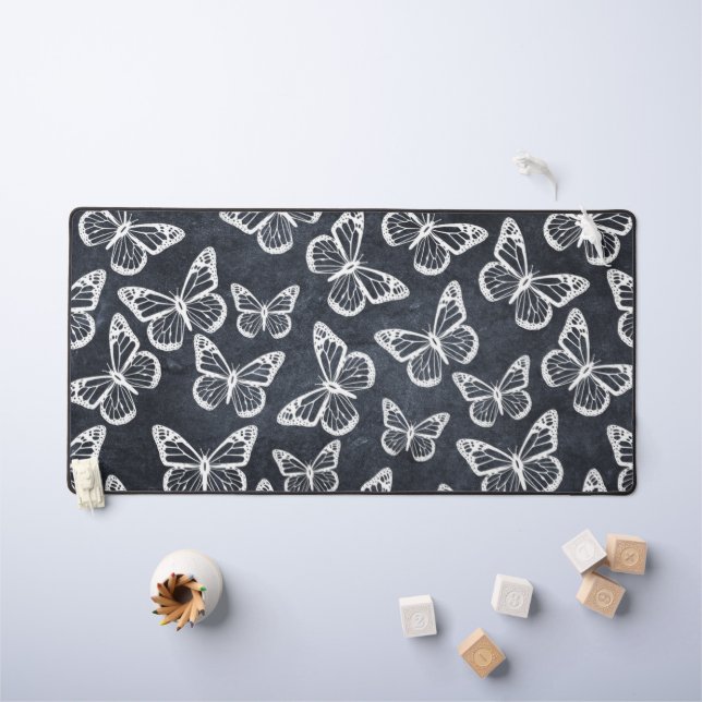 Cute Butterflies Elegant Chic Pattern Grey & White Desk Mat (Kids Table)