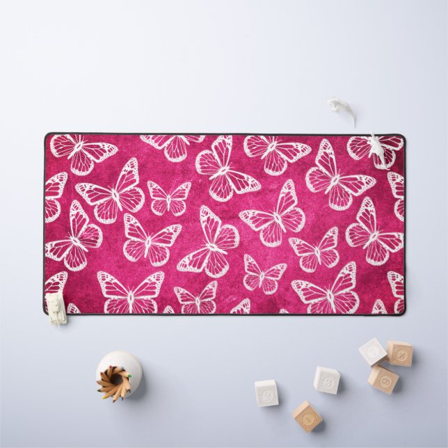 Cute Butterflies Elegant Pattern White & Hot Pink  Desk Mat (Kids Table)