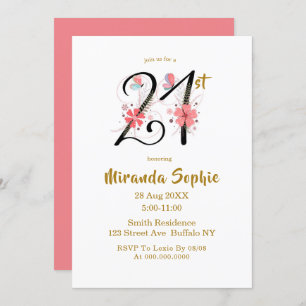 Cute Butterflies Floral 21st Birthday Invitations