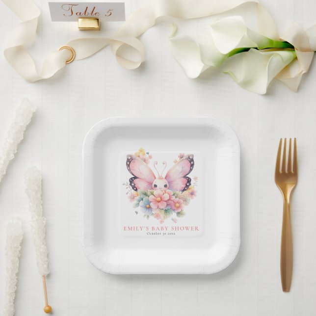 Cute Butterfly and Florals Pink Baby Shower Paper Plate (Wedding)