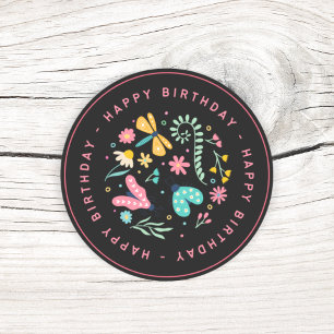 Cute Butterfly and Flowers Happy Birthday Black Classic Round Sticker