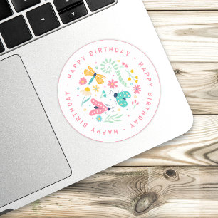 Cute Butterfly and Flowers Happy Birthday Classic Round Sticker