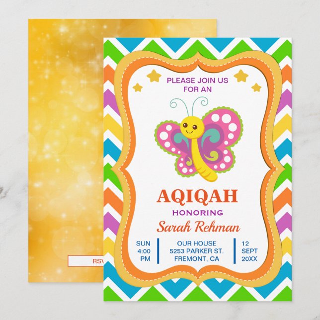 Cute Butterfly Baby Girl Aqiqah Invitation (Front/Back)