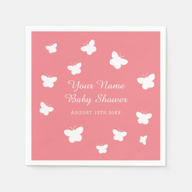 Cute butterfly coral pink spring baby shower party napkin (Front)