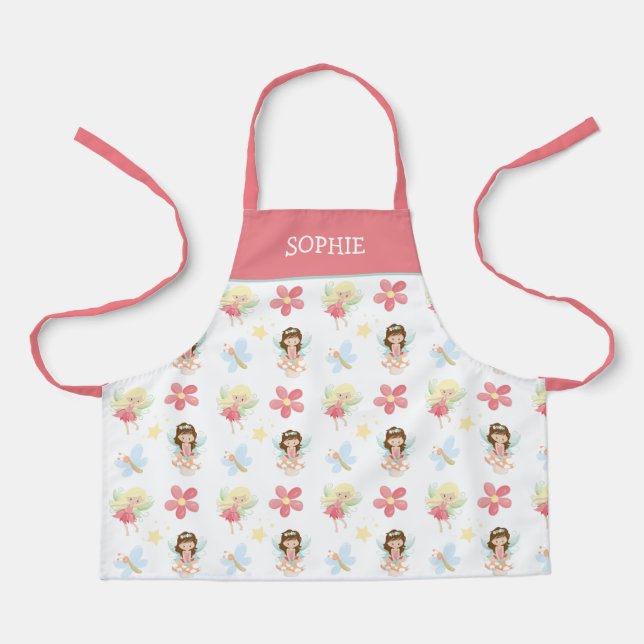 Cute Butterfly Fairies Flower Girl Name Pink White Apron (Front)