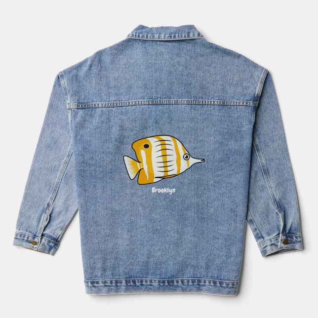 Cute butterfly fish cartoon illustration denim jacket (Back)