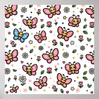 Cute Butterfly Floral Seamless Kawaii Pattern Poster