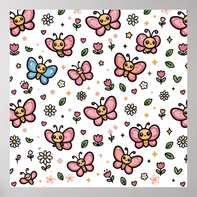 Cute Butterfly Floral Seamless Kawaii Pattern Poster (Front)