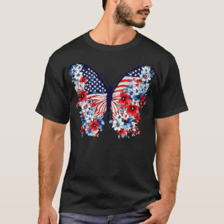 Cute Butterfly Flower Red White Blue Us Flag 4Th O T-Shirt