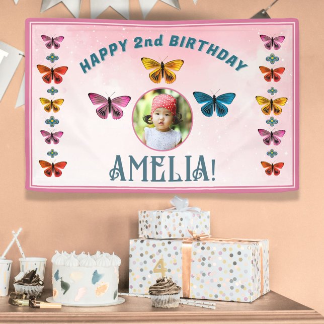 Cute Butterfly Flowers Girl Birthday Party Photo Banner (Creator Uploaded)